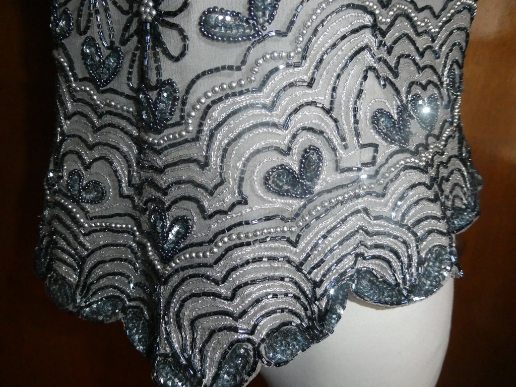 Papell Boutique Women Gray Evening 100% Silk Beaded Party Top Sz XL (fits M/ L)