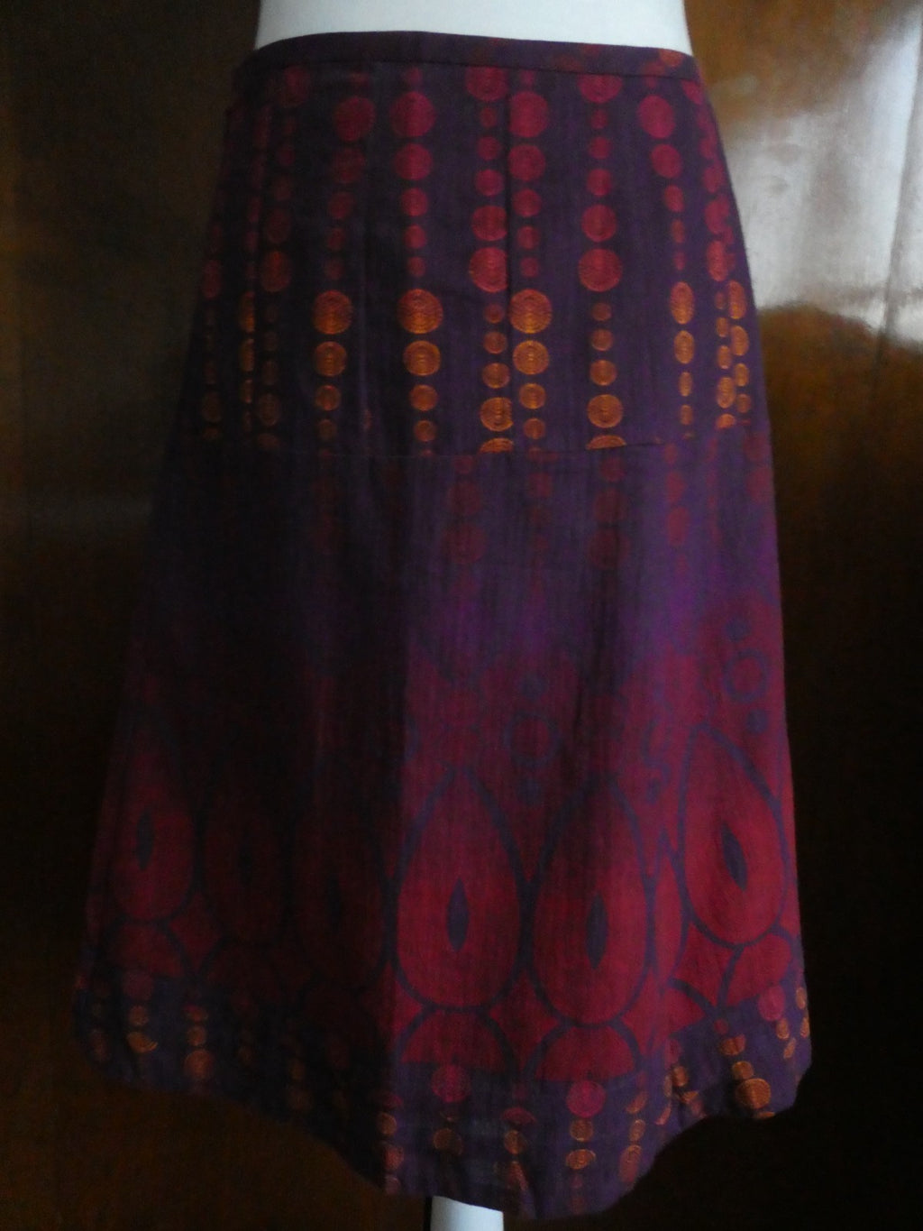 DKNY Jeans Women Skirt Sz 12 Purple Red Print A-Line Lined Cotton Style KCMUA295