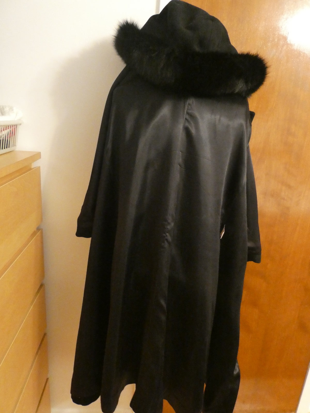 J.G HOOK Women Black 100% Wool A-Line Hood Fox Fur Trim Winter Coat 6 (fit 8-10)