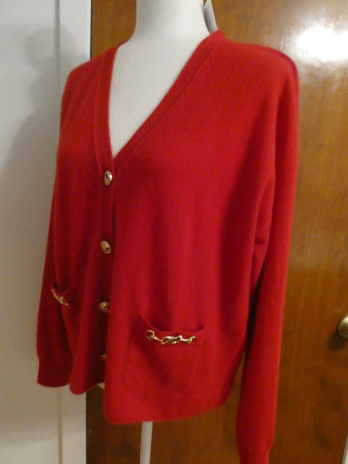Bloomingdale's Scarlett Cardigan Large NWT 100% 2-Ply Cashmere Red Gold Trim