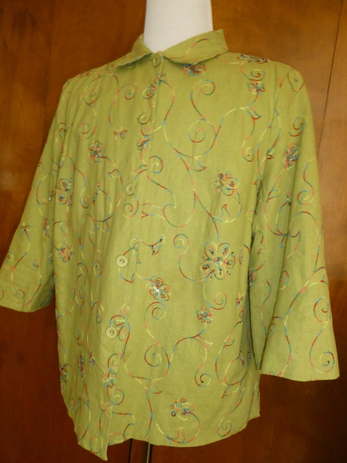 Anne Carson Women’s Lined Lime Green Linen/Rayon Beaded Embroidered Blazer 2X
