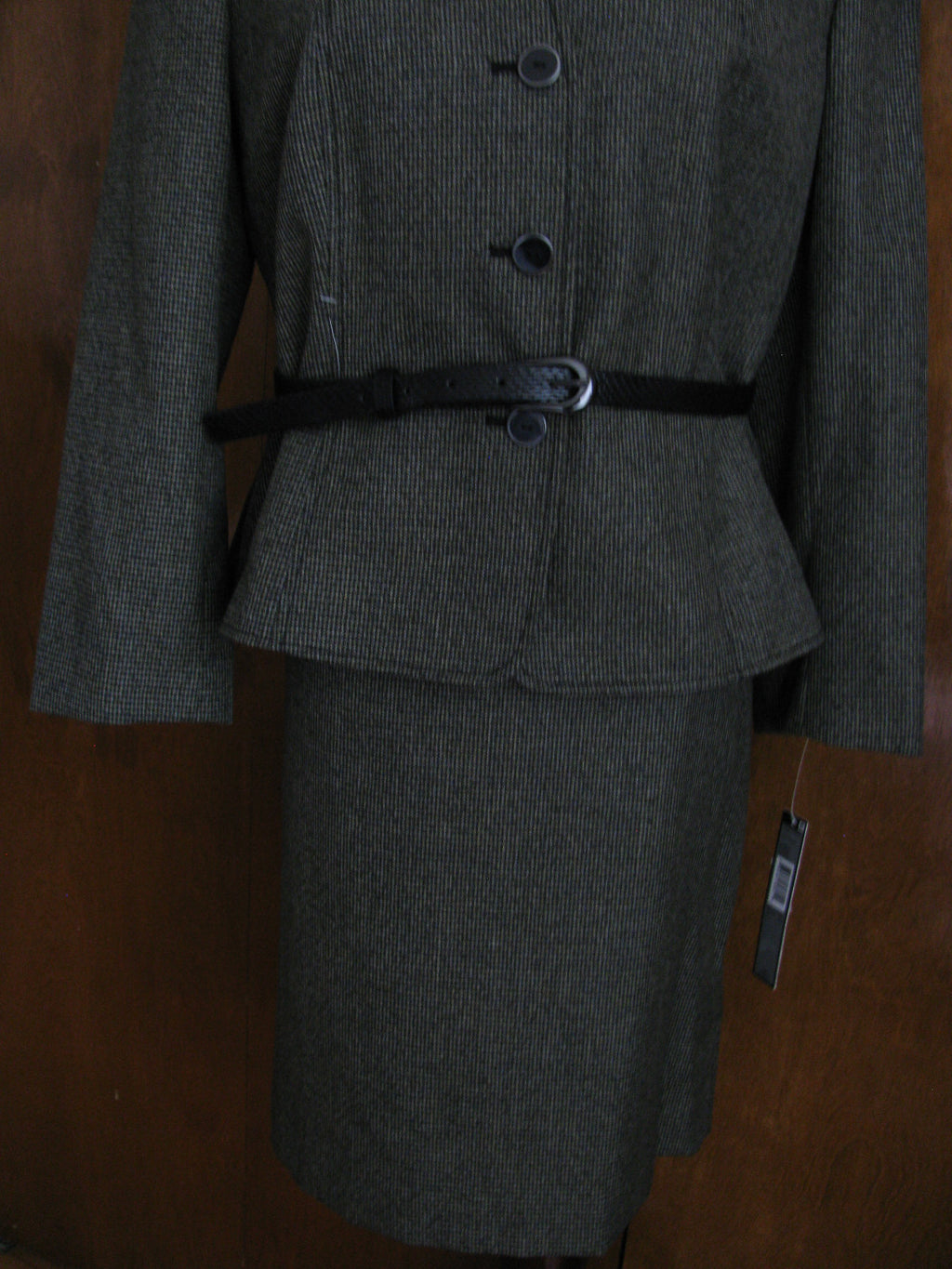 Tahari Asl Women Olive Black Faux Leather Collar Skirt Suit New