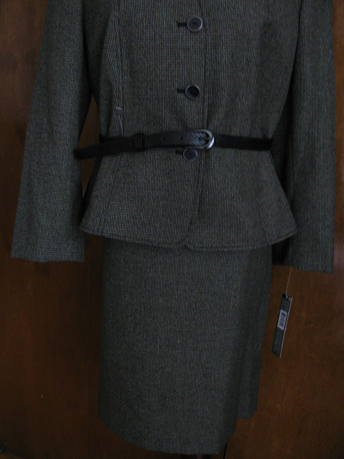 Tahari Asl Women Olive Black Faux Leather Collar Skirt Suit New
