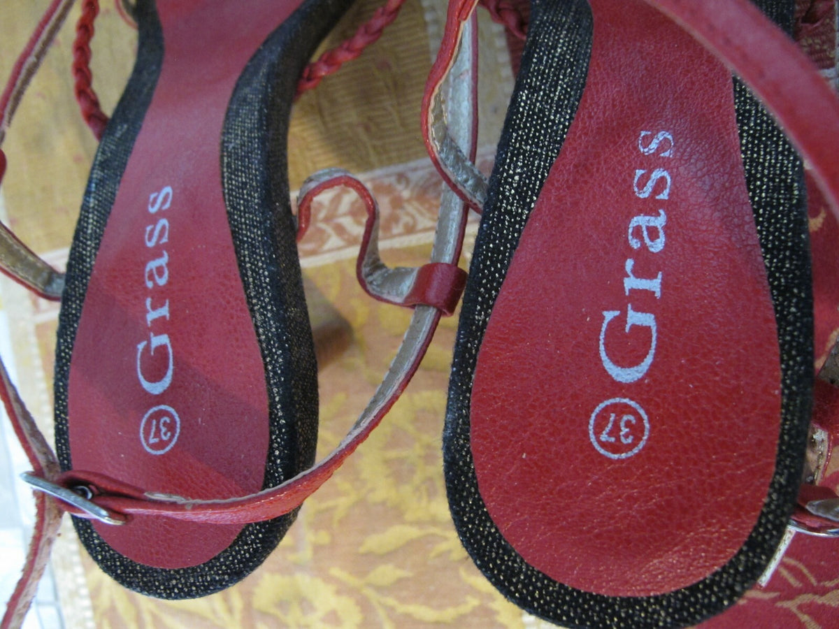 Grass women's red leather peep toe sandals size 37 US 7 made in Israel New