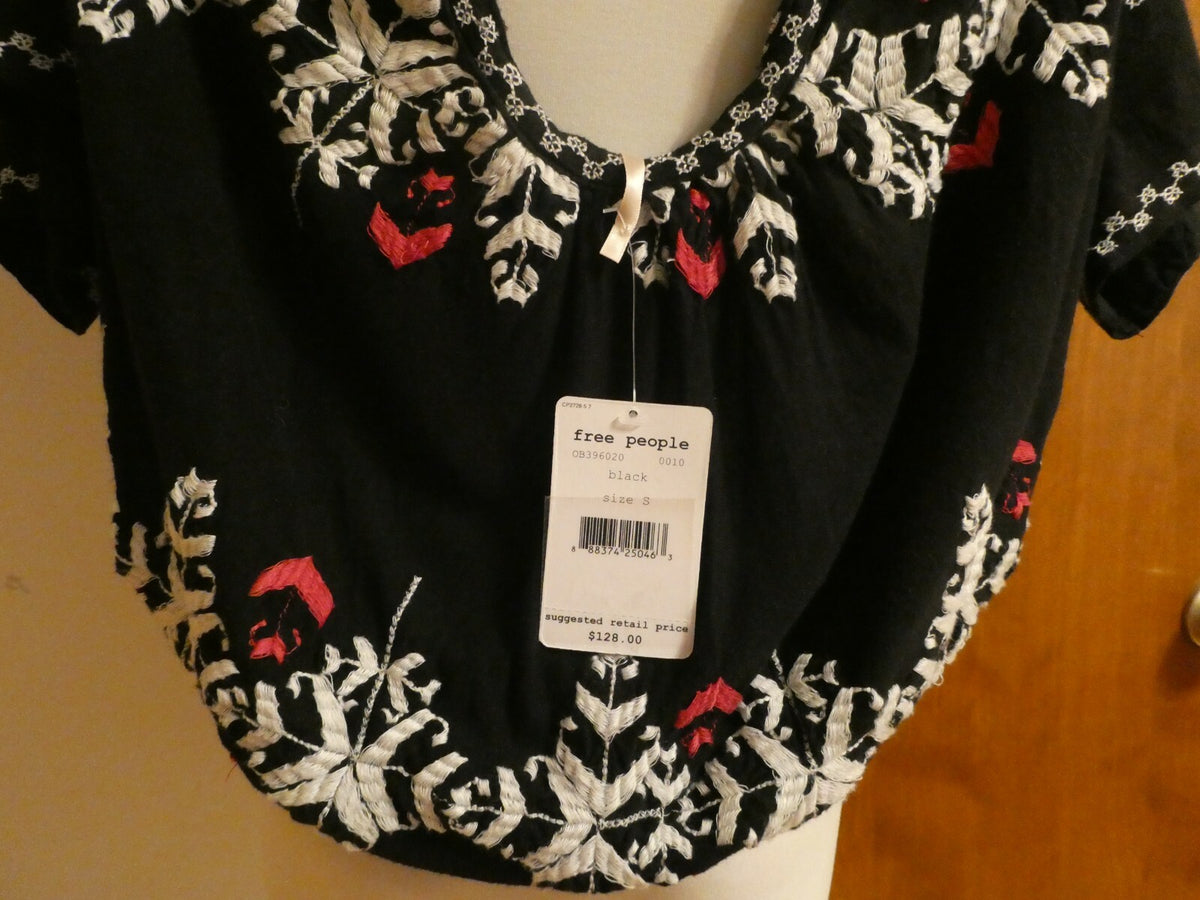 Free People women's black embroidered open shoulder viscose top small (fits M) 