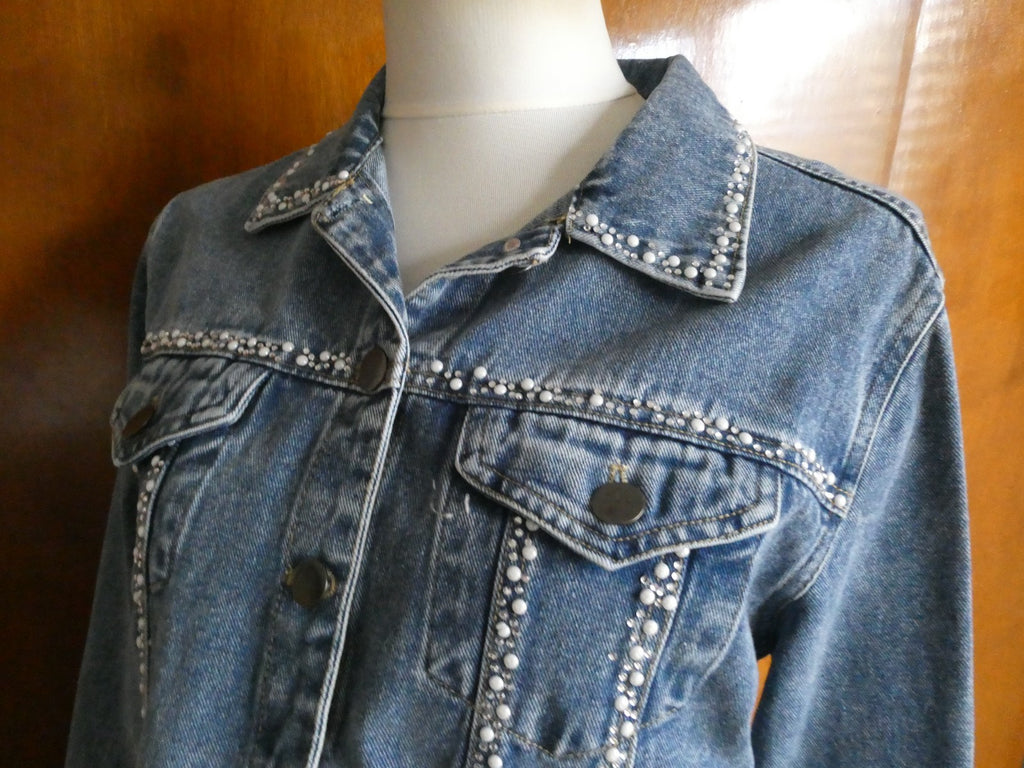 Alexis Taylor Women 100% Cotton Beaded Jeans Blazer Jacket Blue XLarge (fits L)