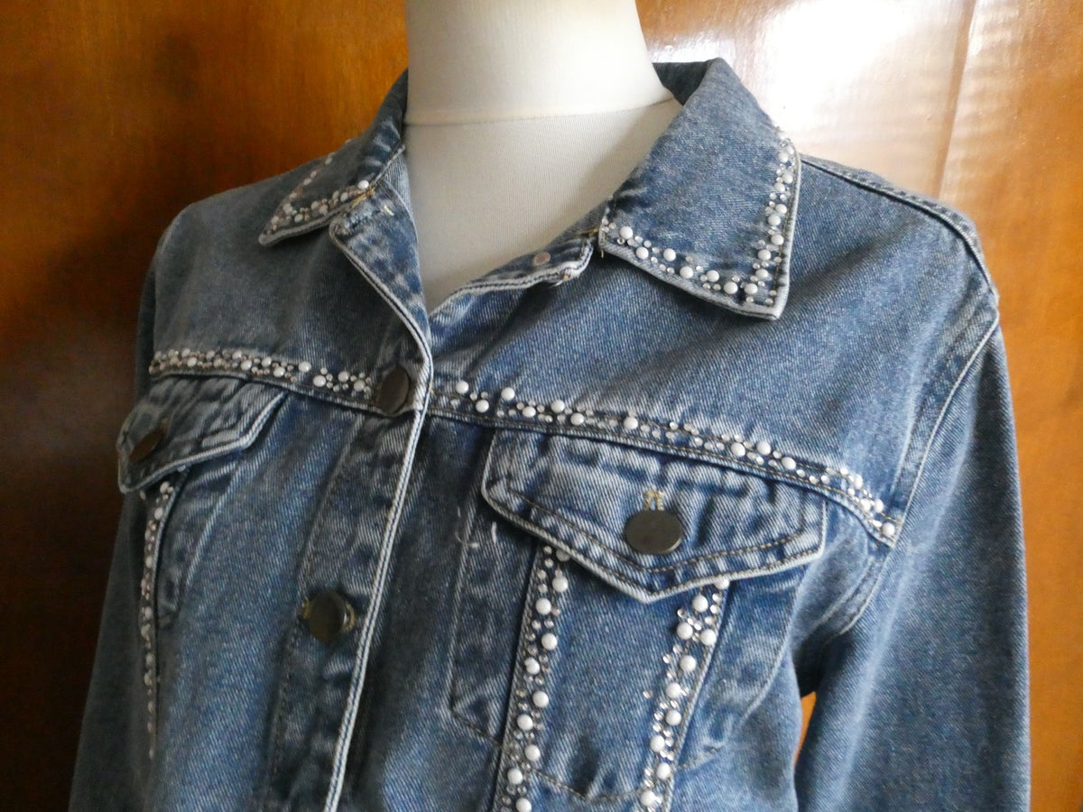 Alexis Taylor Women 100% Cotton Beaded Jeans Blazer Jacket Blue XLarge (fits L)
