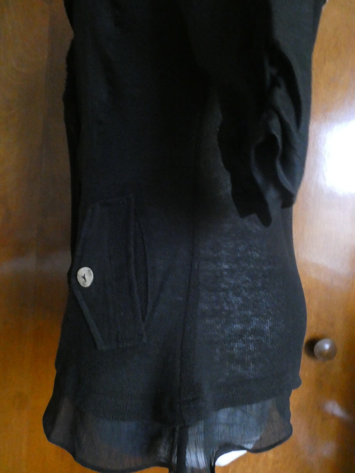 Pink Phoenix Women Black 100% Linen Small 3/4 Sleeve, Button Up, Semi Sheer Top