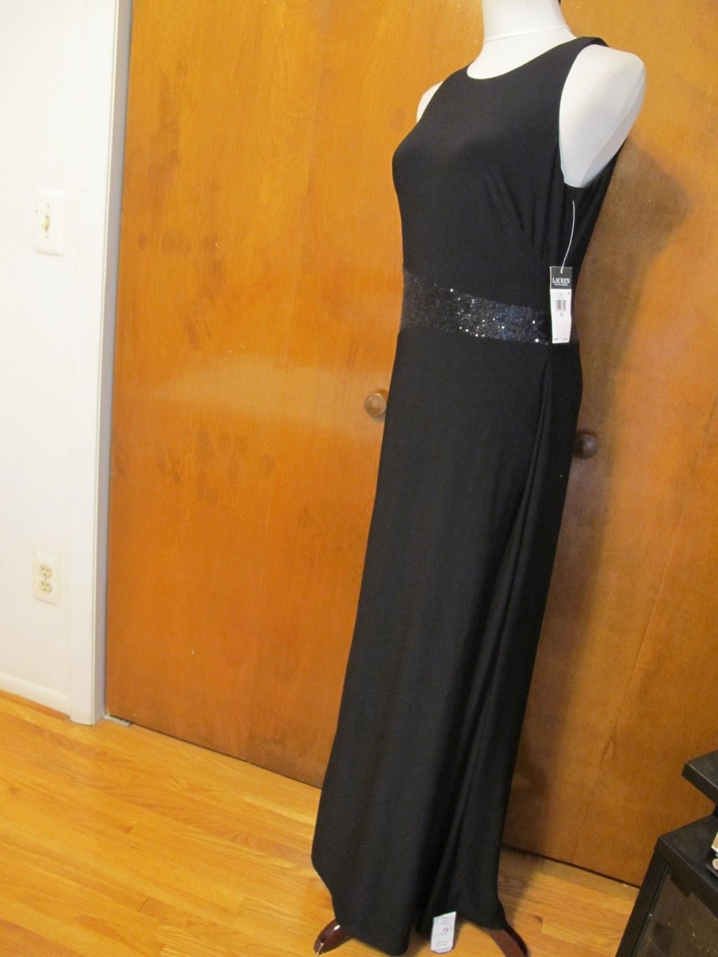 Ralph Lauren women's black shine maxi evening detailed A-line dress size 10 new