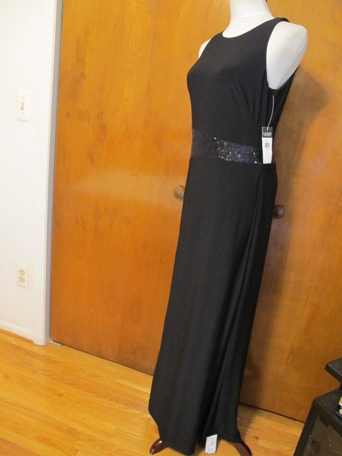 Ralph Lauren women's black shine maxi evening detailed A-line dress size 10 new