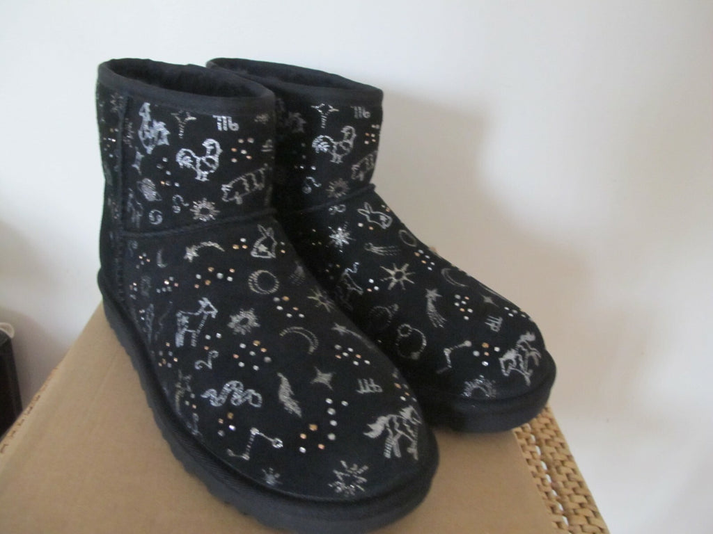 UGG CLASSIC ZODIAC WOMEN'S MINI BLACK SUEDE SHEEPSKIN BOOTS (Run Small)