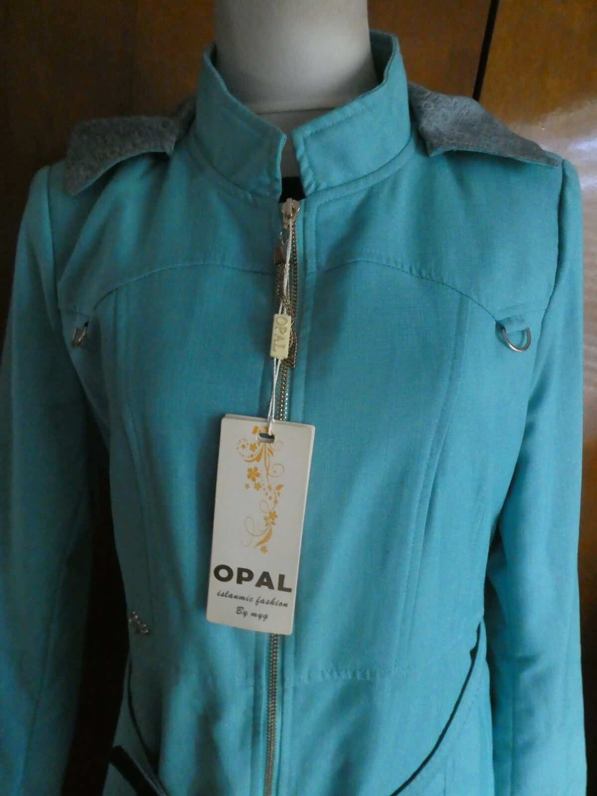 Opal Islamic women light sea green lined full zip belted long hooded coat US14