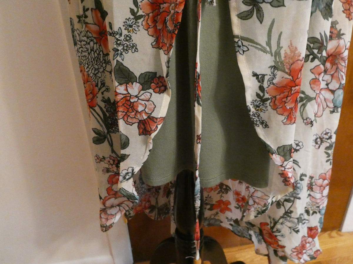 Liberty Love 2Pc Floral Chiffon Duster Dress Set Olive Green Asymmetrical Medium