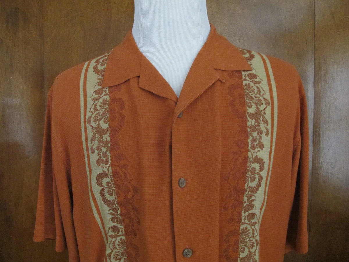 Tommy Bahama Mens Silk Brown Florals Print Embroidered Camp Shirt Size Large