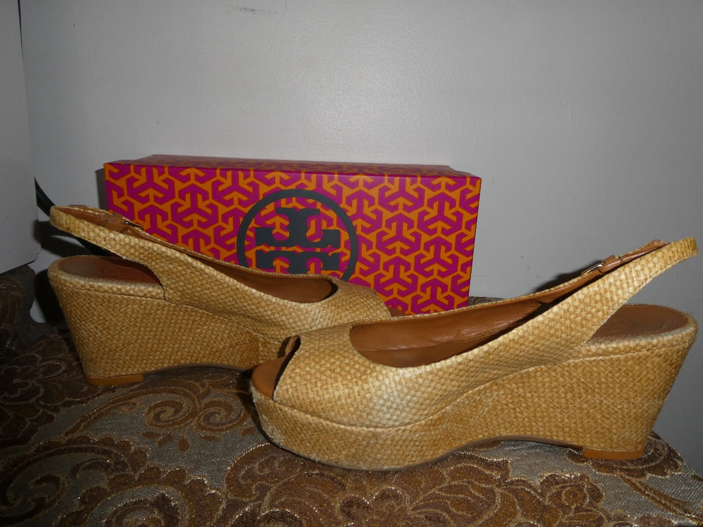 Tory Burch Textile Upper Leather Wedge Sandal Beige Size 7M