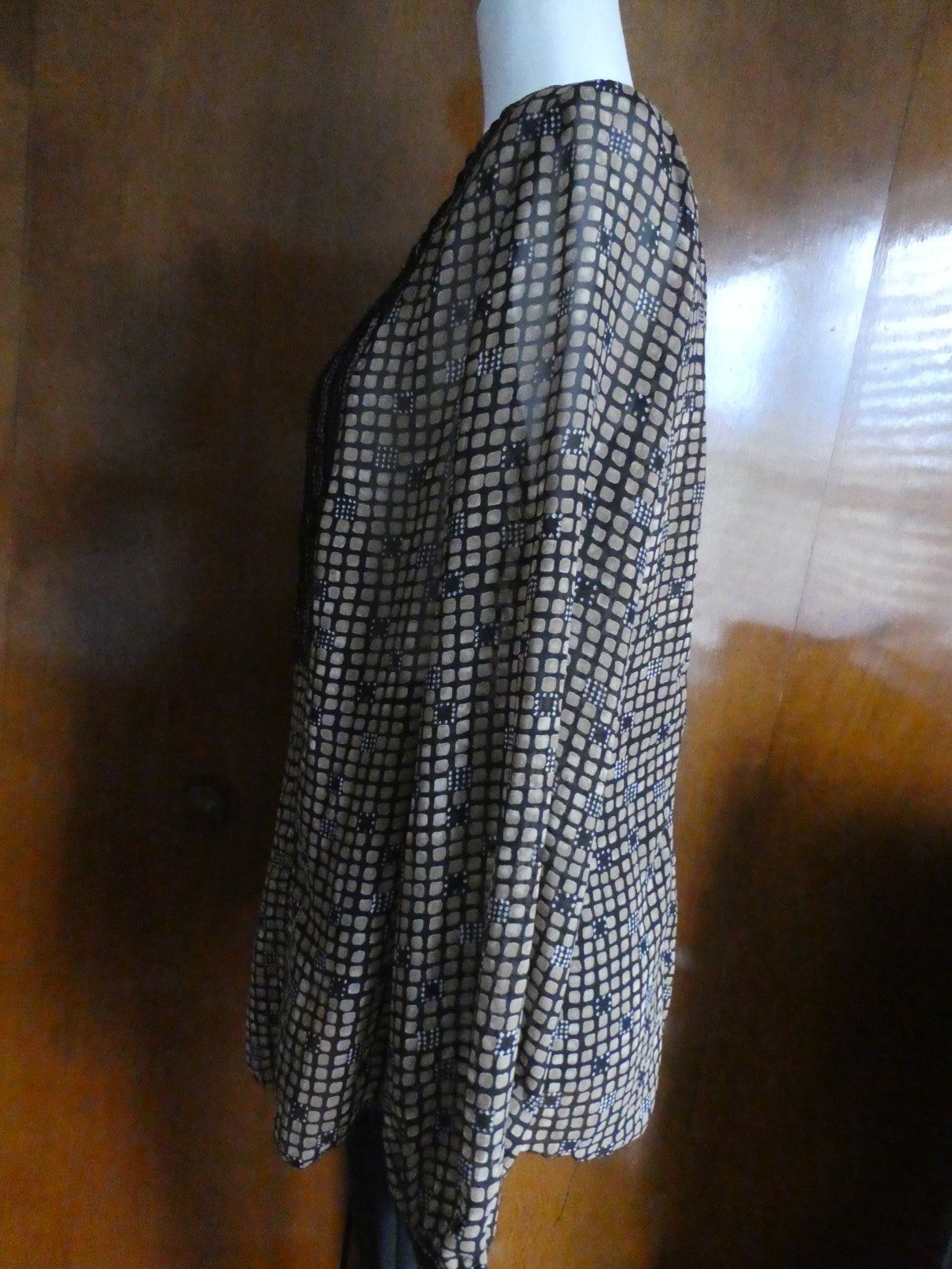 Sigrid Olsen Graphic Designer Blouse Women 12 Black Sheer Geometric Boho Top
