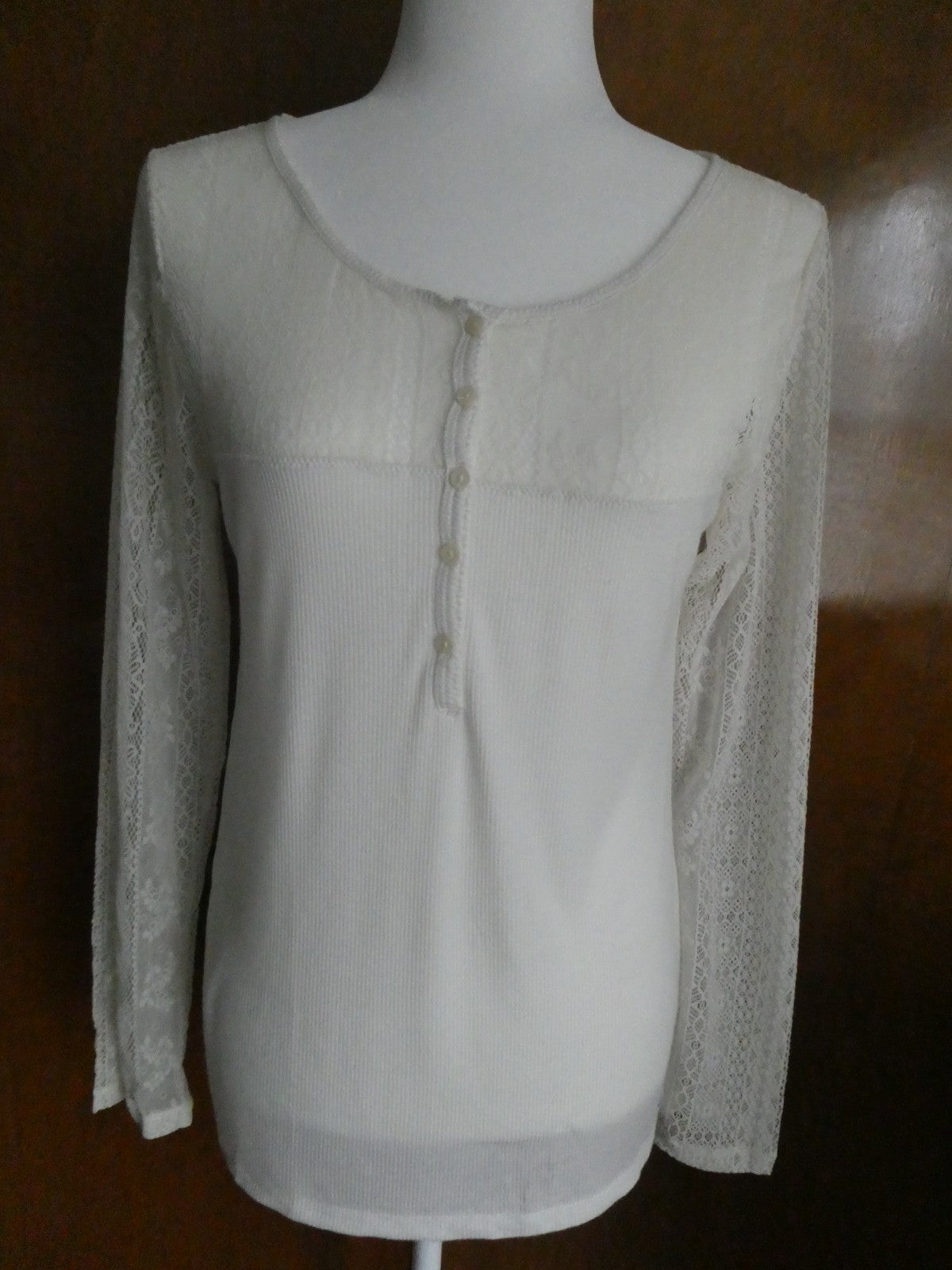 Denim & Supply Ralph Lauren Women Top Cream Lace Sleeve Ribbed Henley Romantic L