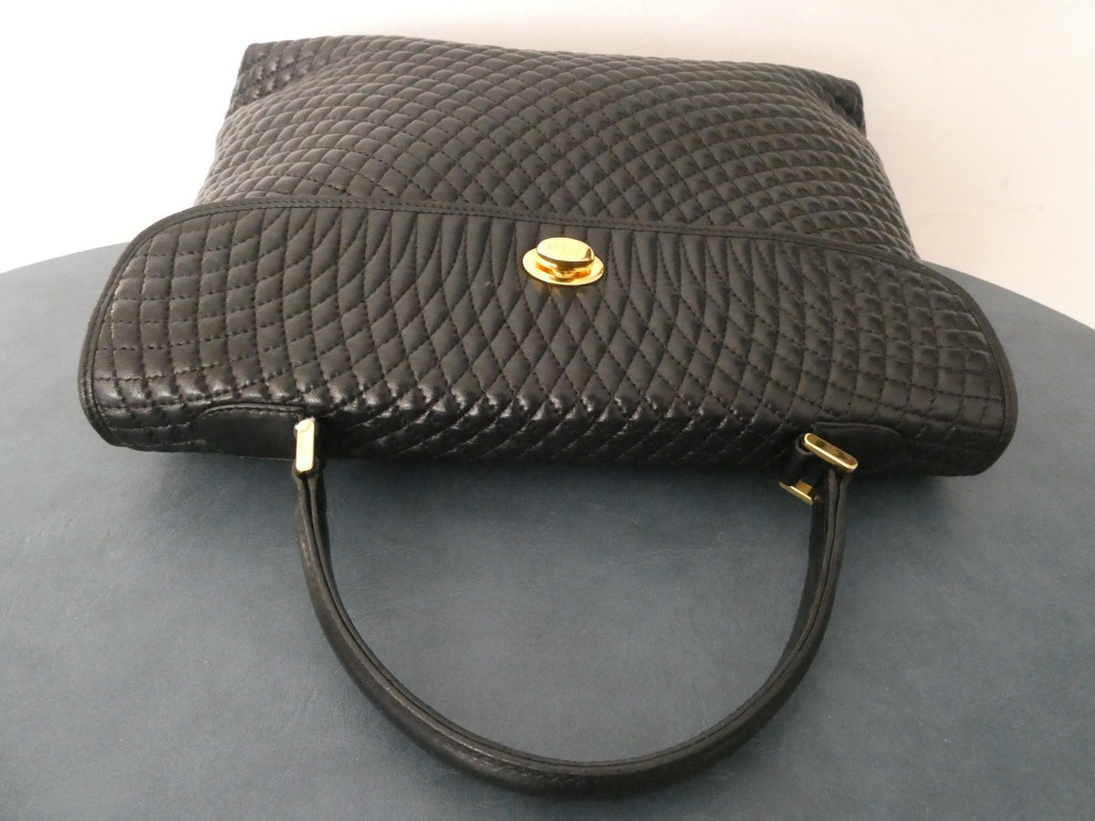 Vintage Bally Women's Black Quilted Leather Top Handle Handbag Gold Tone Italy