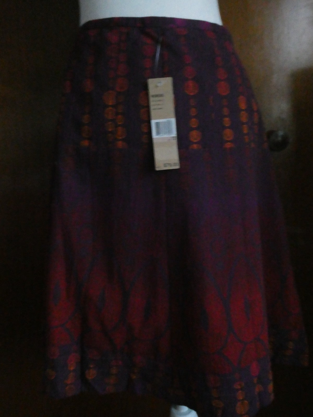 DKNY Jeans Women Skirt Sz 12 Purple Red Print A-Line Lined Cotton Style KCMUA295