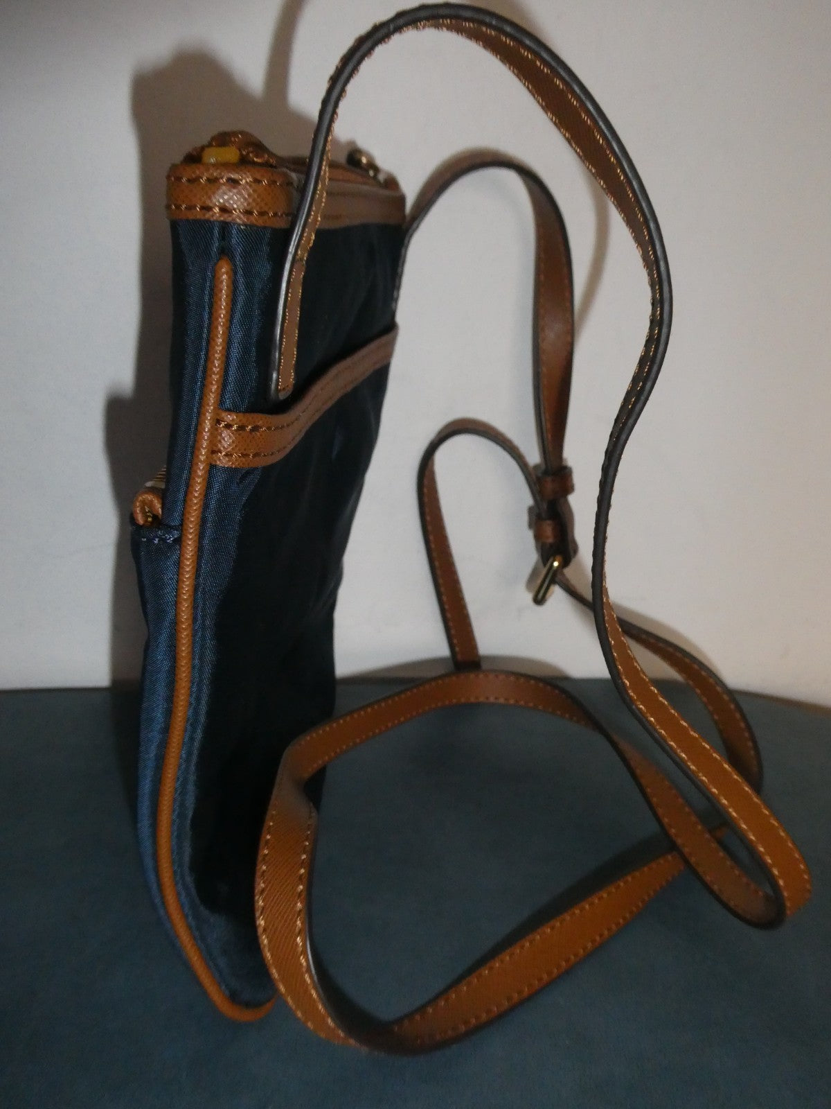 Michael Kors Navy Nylon Crossbody Bag Brown Trim 5 Pocket Gold Tone EUC