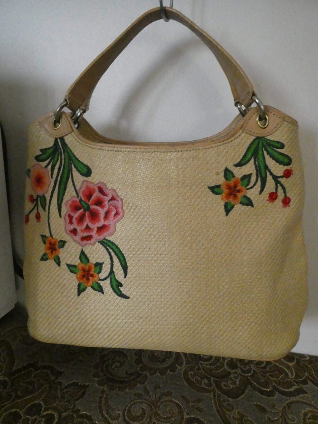 Cole Haan Embroidered Woven Straw Purse / Handbag with Gold Tone