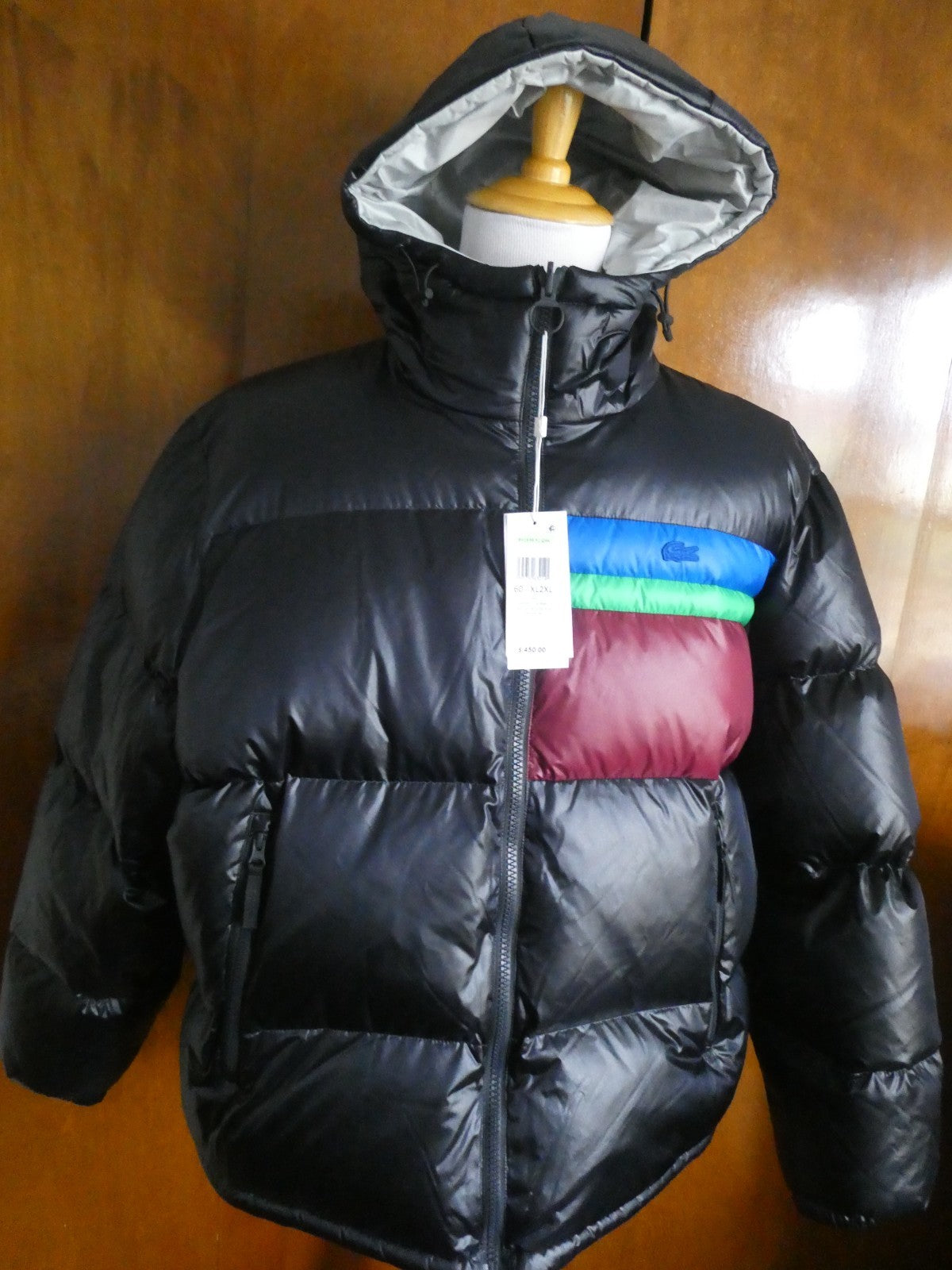 Lacoste Men’s Reversible Down Puffer Jacket XL 2XL Black Gray Hooded NWT $450