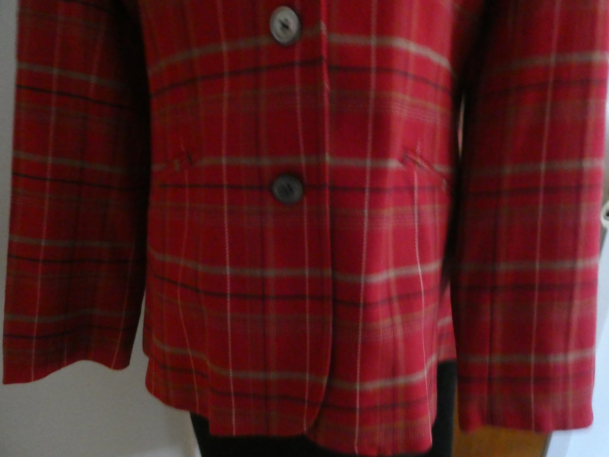 Eddie Bauer Women Red Plaid Lined Wool Blend 3 Buttons Blazer Jacket Size Large