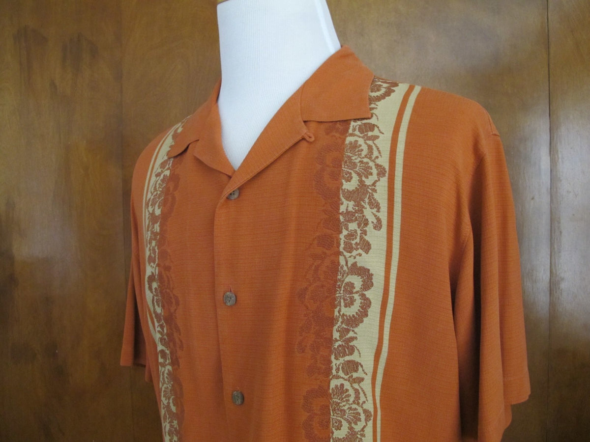 Tommy Bahama Mens Silk Brown Florals Print Embroidered Camp Shirt Size Large