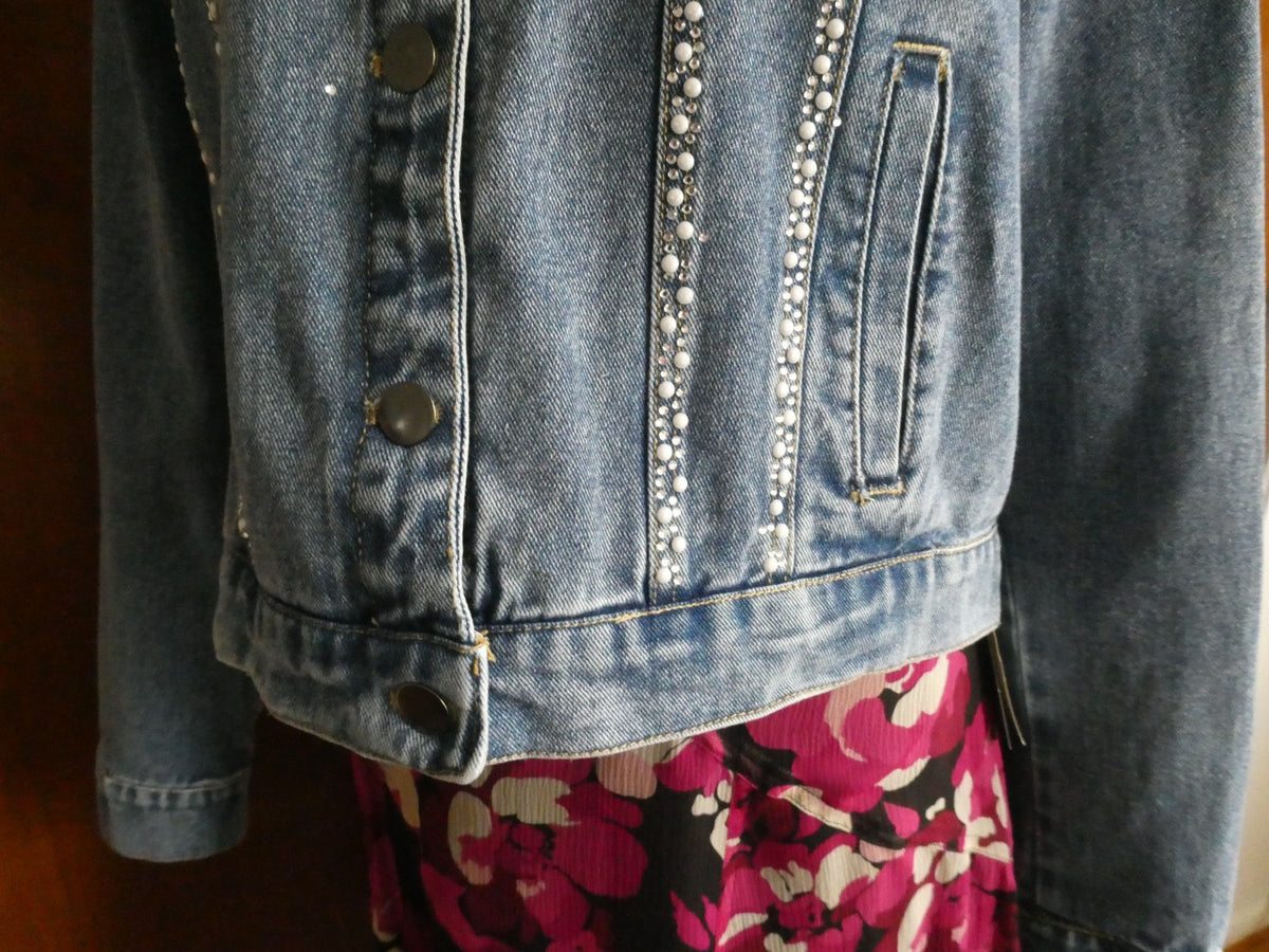 Alexis Taylor Women 100% Cotton Beaded Jeans Blazer Jacket Blue XLarge (fits L)