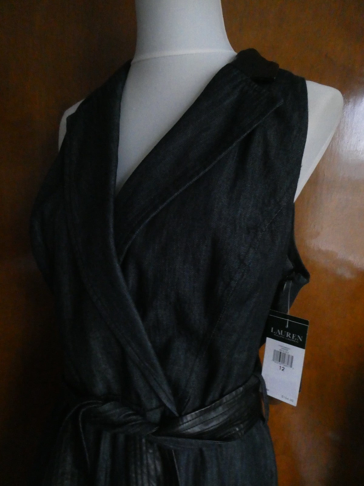 Lauren Ralph Lauren Dress Sz 12 Black Sleeveless Belted Leather Trim A-Line NWT
