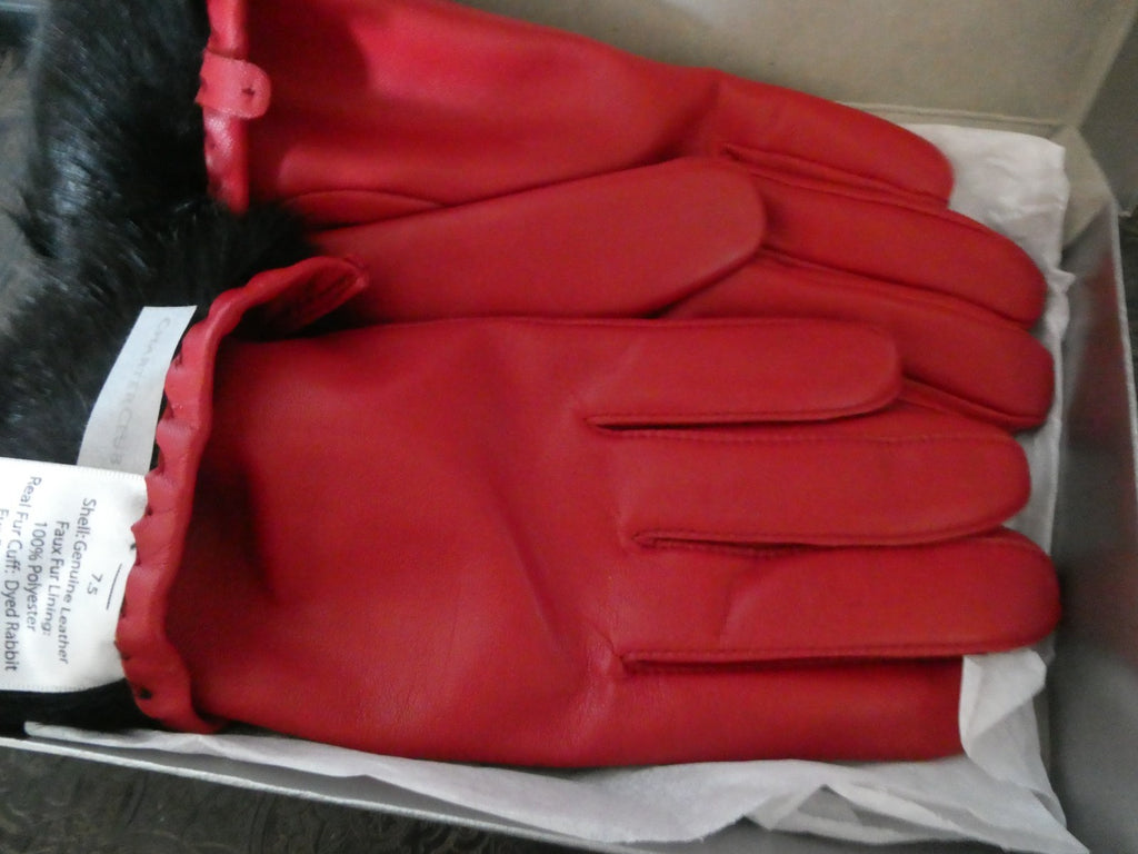 Vintage Charter Club Red Genuine Leather Gloves 7.5 Real Rabbit Fur Cuff New Box