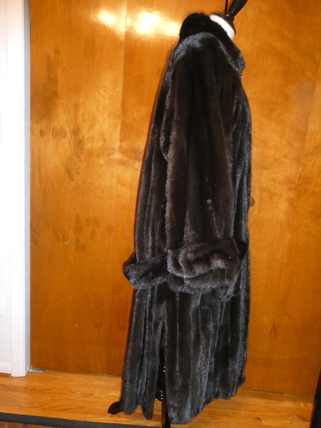 Genuine Mink Fur Coat Full Length Vintage Dark Brown Black Fur Collar Size 12
