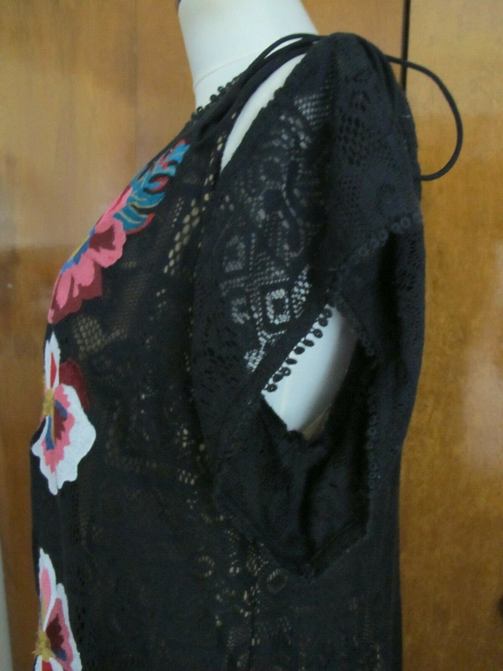 Anthropologie Ranna Gill Black Noir Embroidered Lace Cold Shoulder Dress  Large