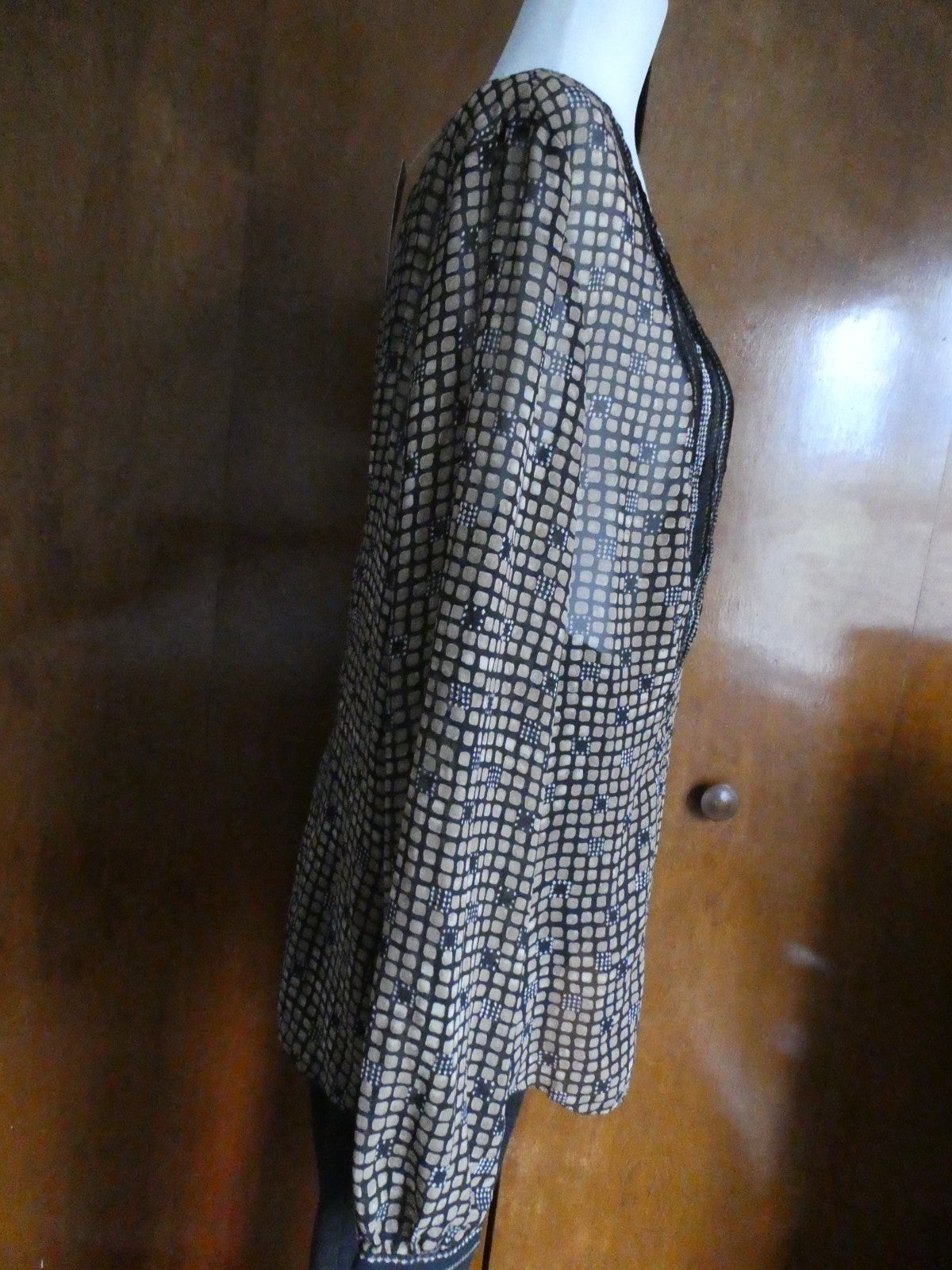 Sigrid Olsen Graphic Designer Blouse Women 12 Black Sheer Geometric Boho Top