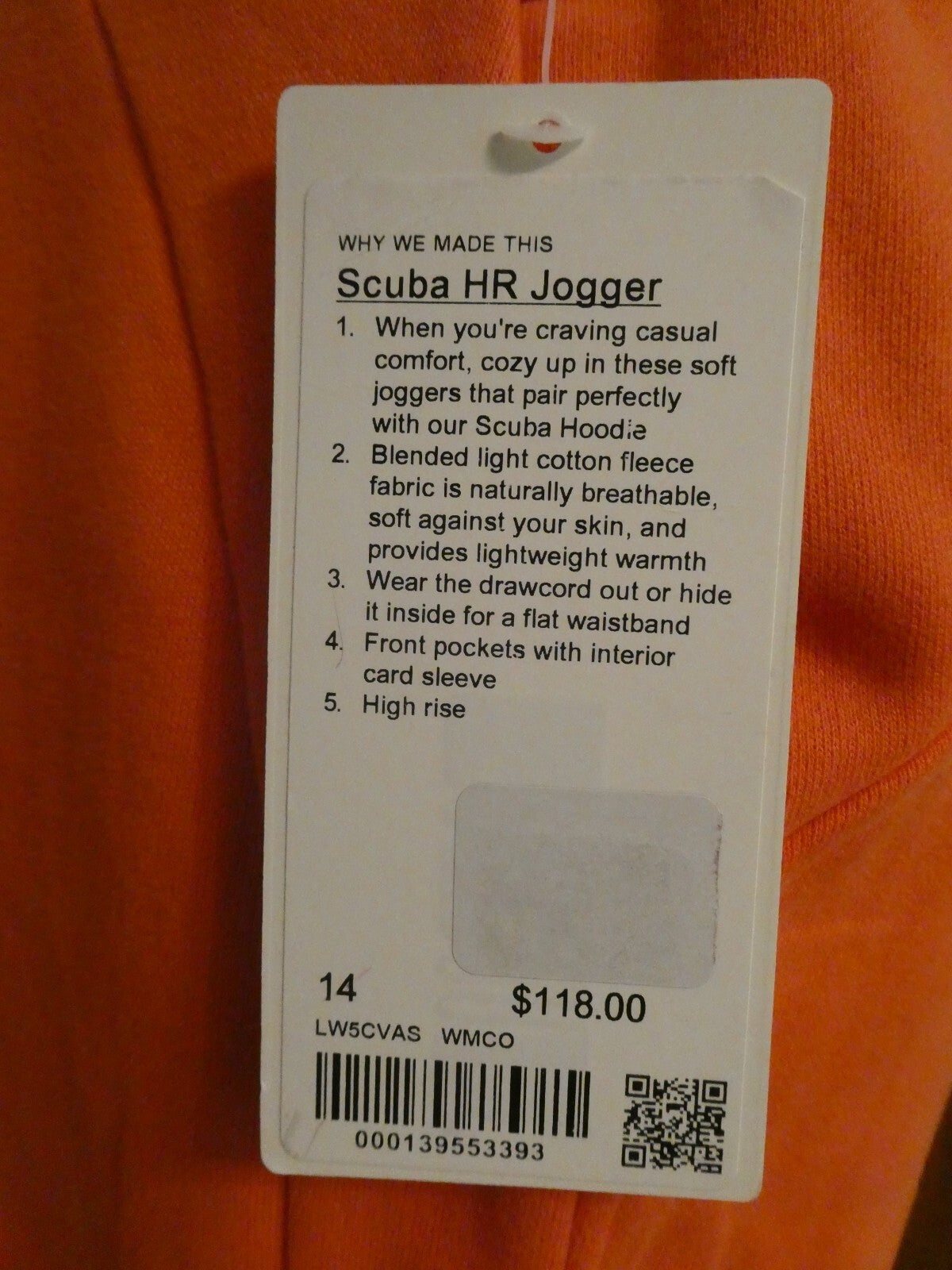 Lululemon Women’s Orange Scuba HR Jogger Size 14