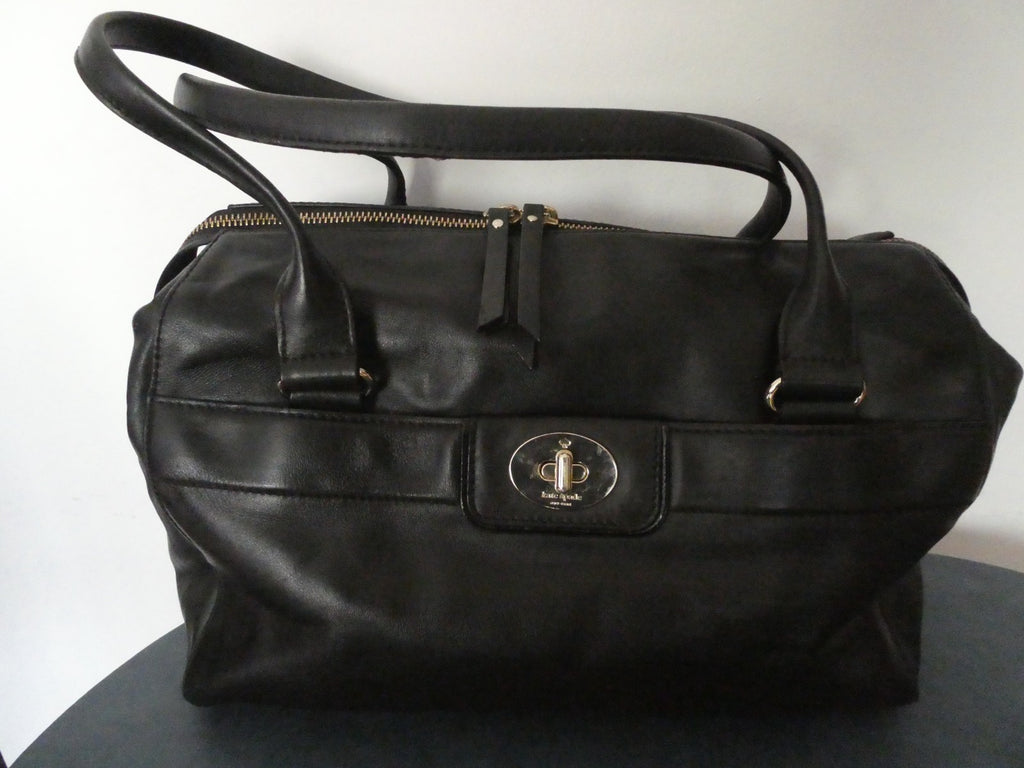 Kate Spade New York Black Leather Satchel Handbag Gold Tone Zip Shoulder Purse