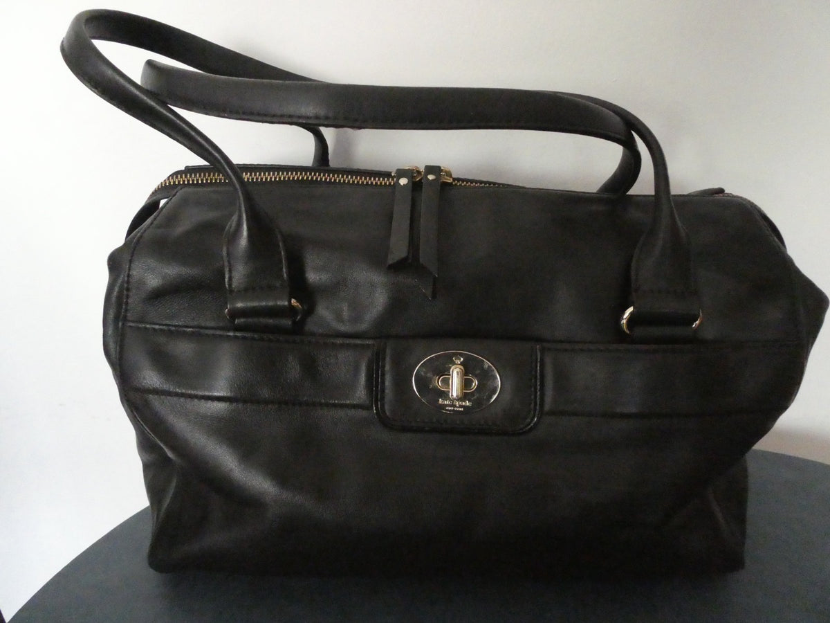 Kate Spade New York Black Leather Satchel Handbag Gold Tone Zip Shoulder Purse
