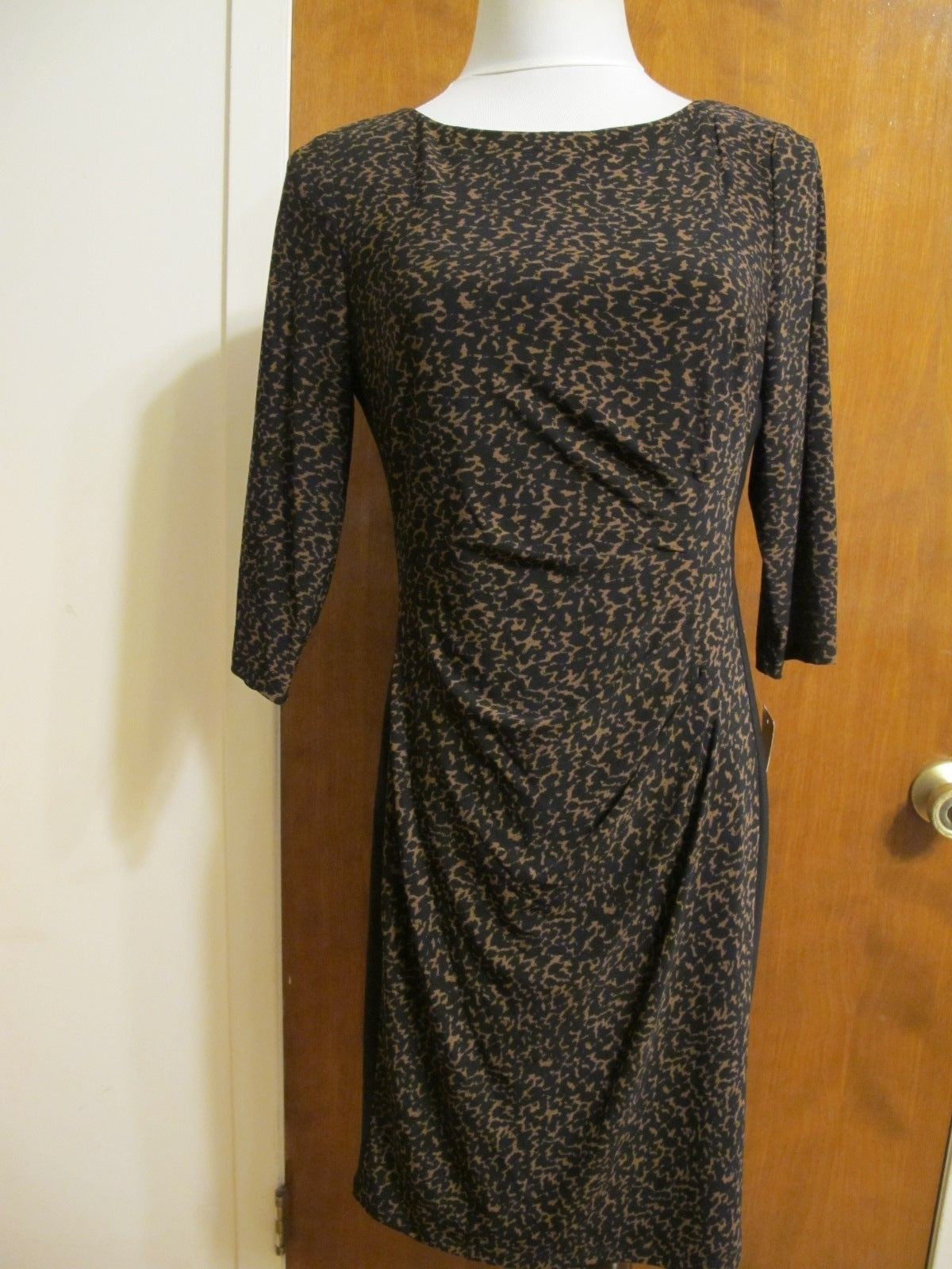 Ralph Lauren women's brown 3/4 sleeves black gathered dress
