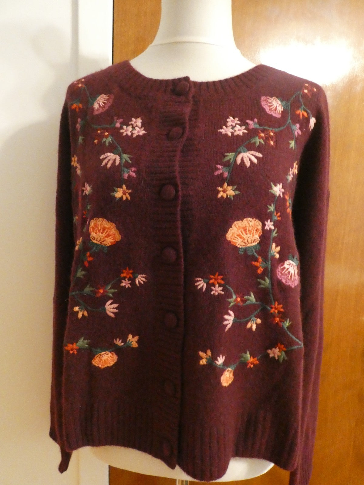 Bloomingdale’s 100% 2-Ply Cashmere Embroidered Floral Cardigan XXL Burgundy