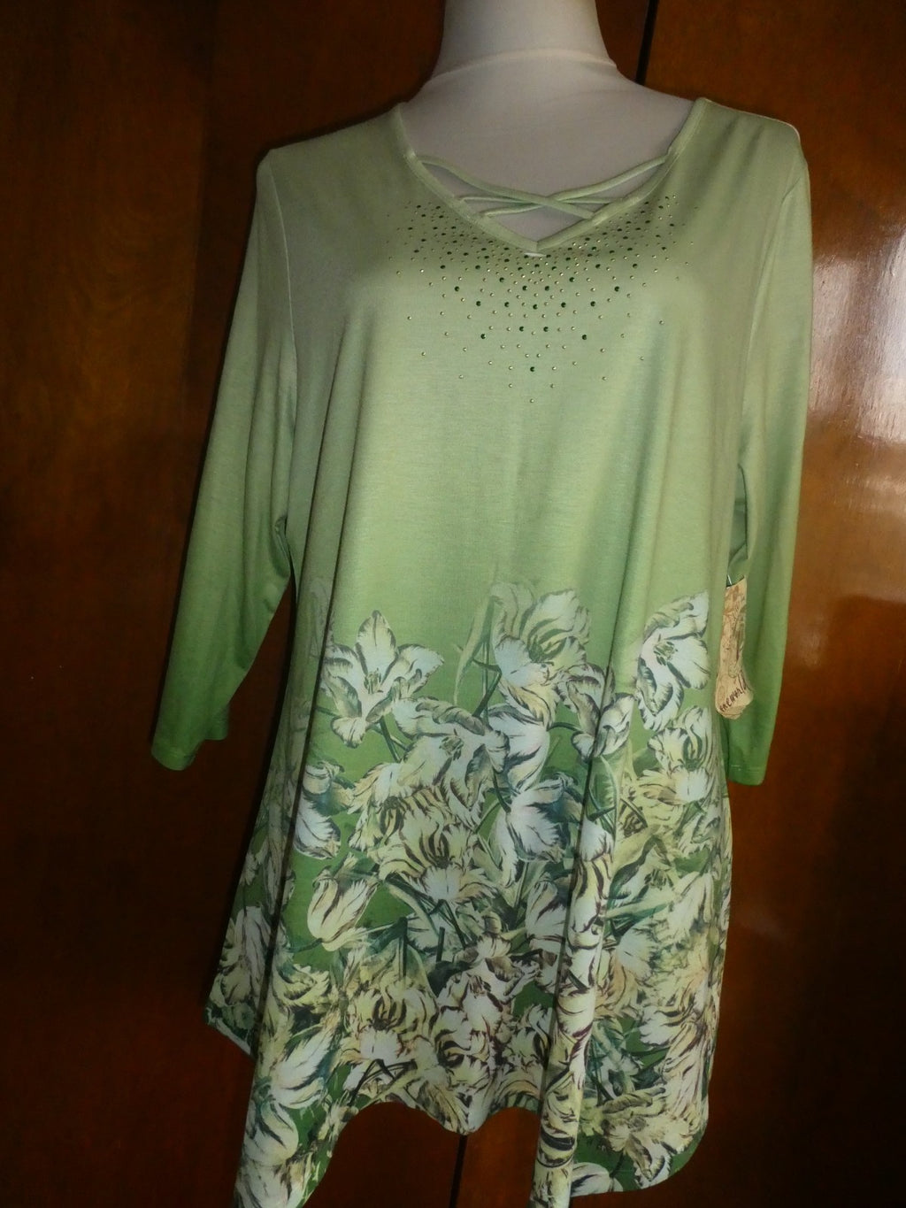 One World Women’s Asymmetric Green Multicolor Long Sleeves Tunic Top Size Xlarge
