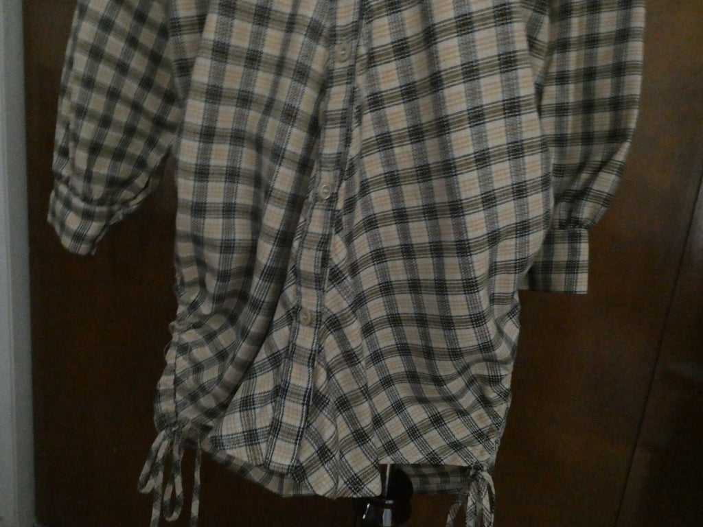 PRETTYLITTLETHING Shirt Dress Beige Check Oversized Detail Size 6