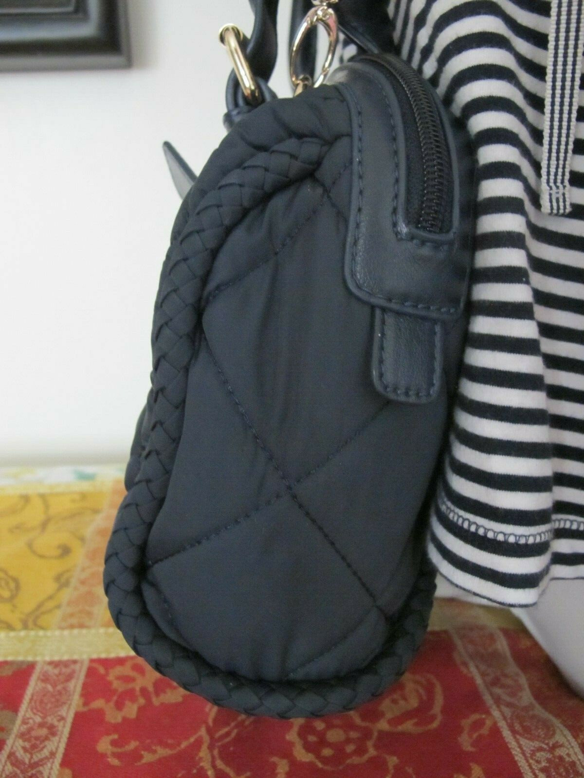 Mazzini women's navy cloth with leather  houlder Crossbody Quilted Zippered Bag