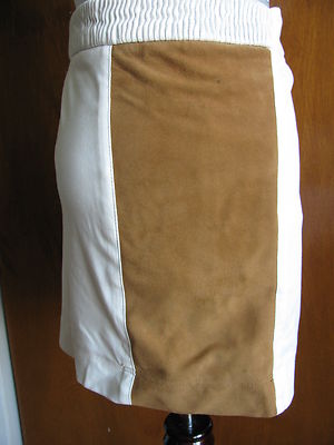Lacoste designer woman's off white brown cotton leather skirt 44 US 12 