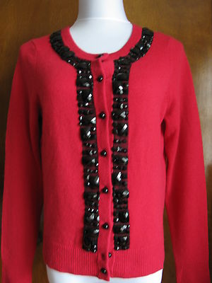 Bloomingdale's Women's bright red soft cashmere beaded cardigan Large NWT