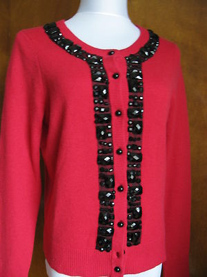 Bloomingdale's Women's bright red soft cashmere beaded cardigan Large NWT
