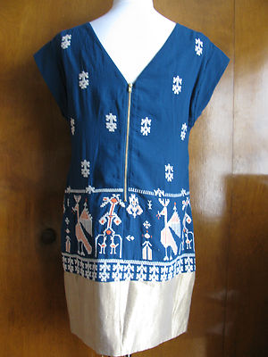 Anthropologie women's blue golden embroidred lined dress 6 
