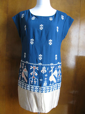 Anthropologie women's blue golden embroidred lined dress 6 