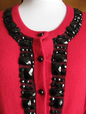 Bloomingdale's Women's bright red soft cashmere beaded cardigan Large NWT