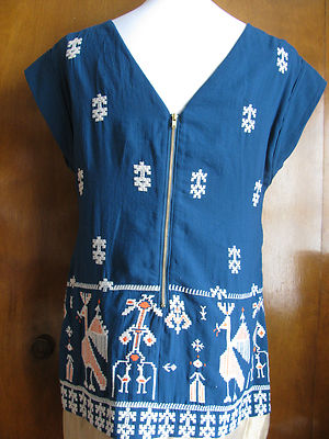 Anthropologie women's blue golden embroidred lined dress 6 
