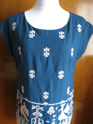 Anthropologie women's blue golden embroidred lined dress 6 